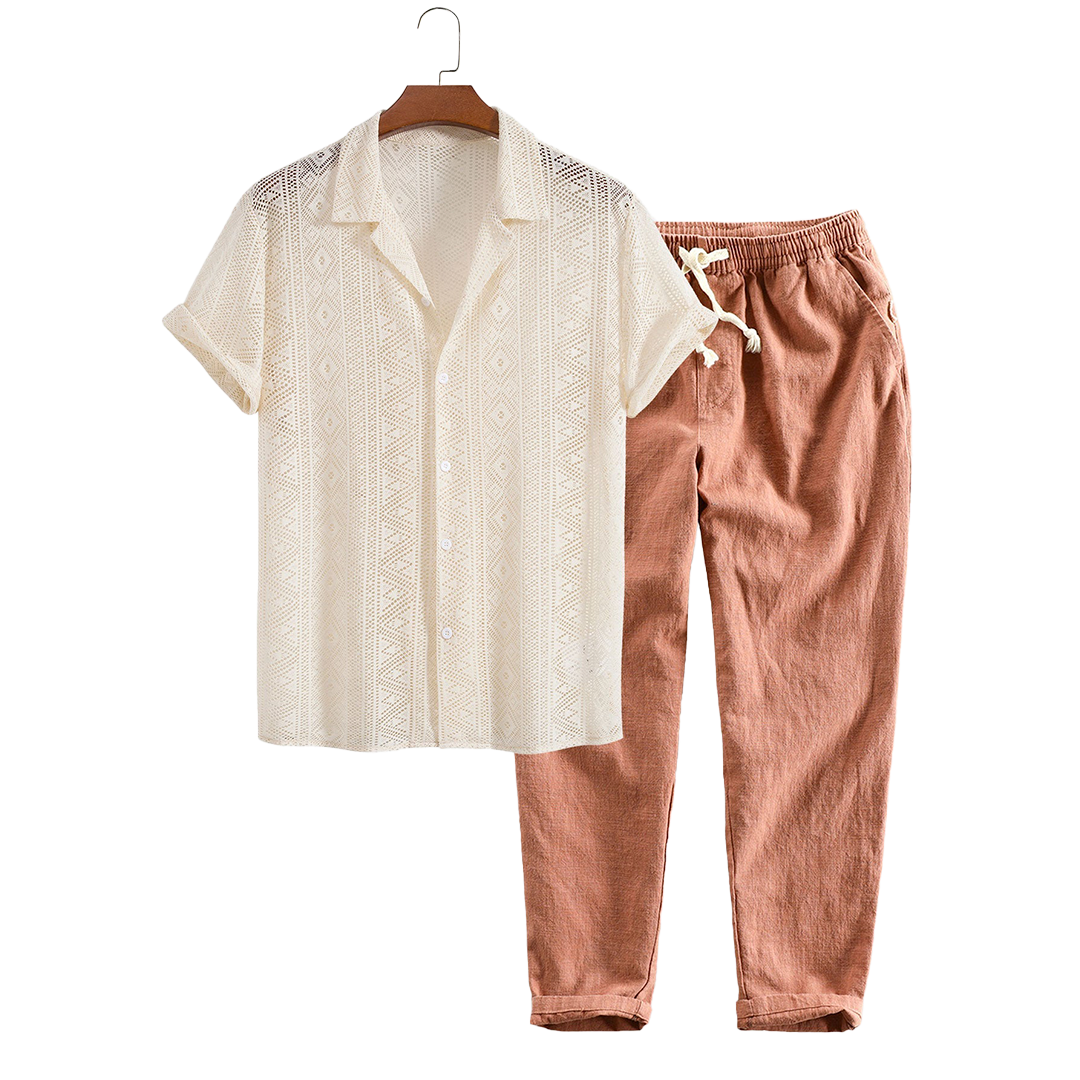 Openwork short-sleeve shirt and drawstring pants, hanging product view.