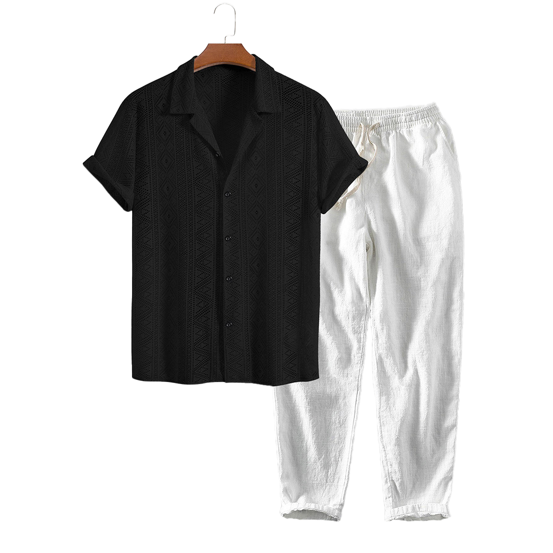 Openwork short-sleeve shirt and drawstring pants, hanging product view.