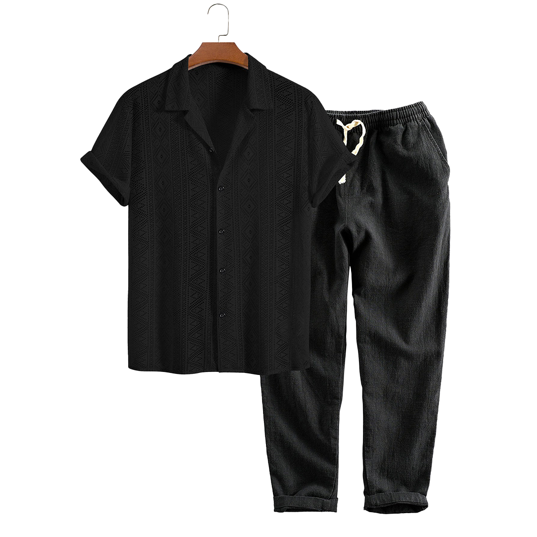 Openwork short-sleeve shirt and drawstring pants, hanging product view.