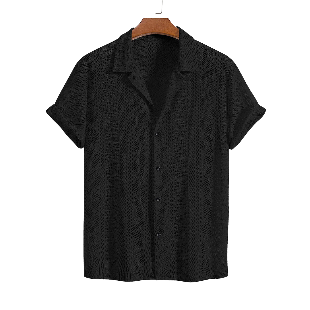 Short-sleeve button-up shirt, hanging product view.