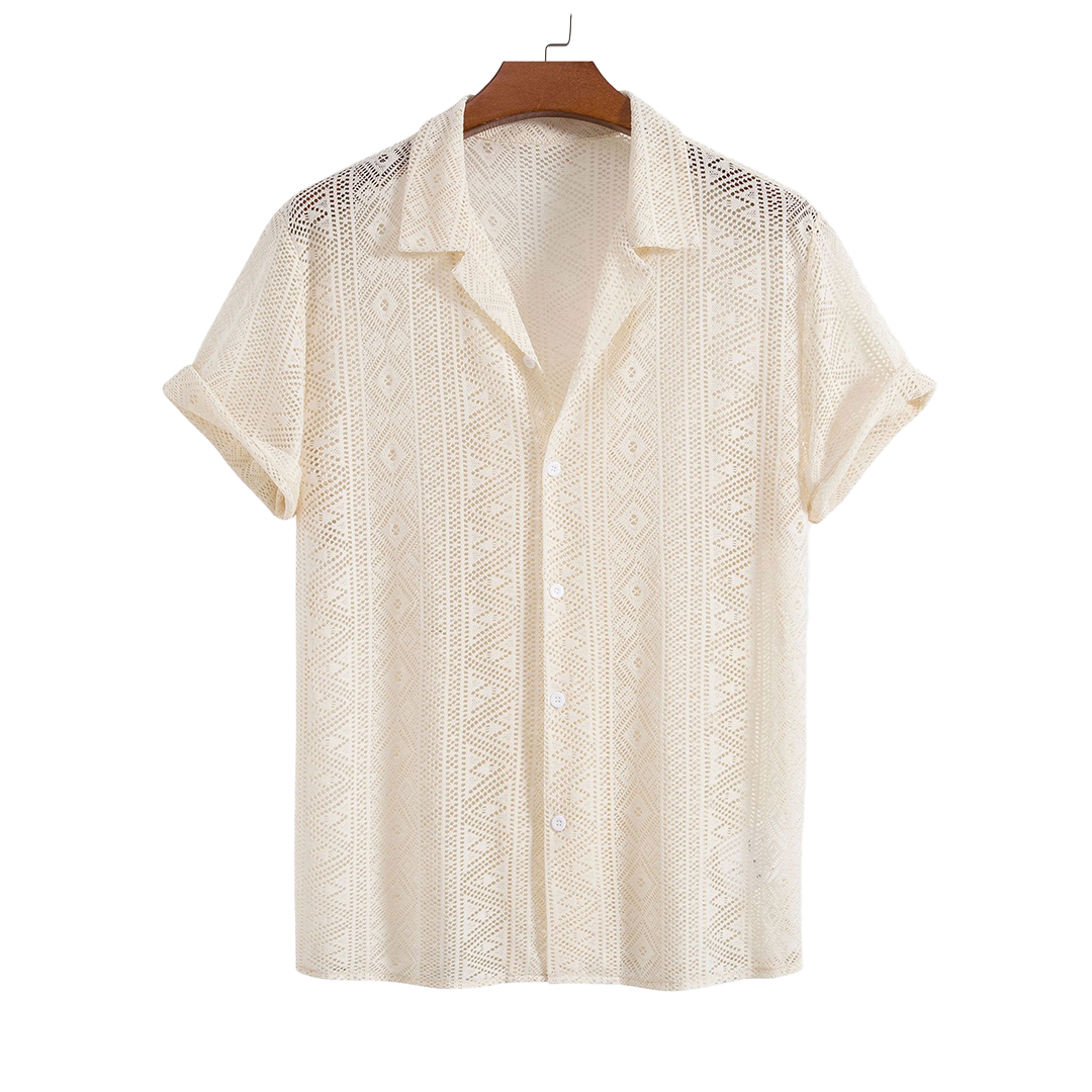 Short-sleeve button-up shirt, hanging product view.