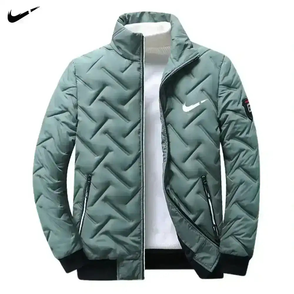 Quilted zip-front jacket, flat product and model styling views.