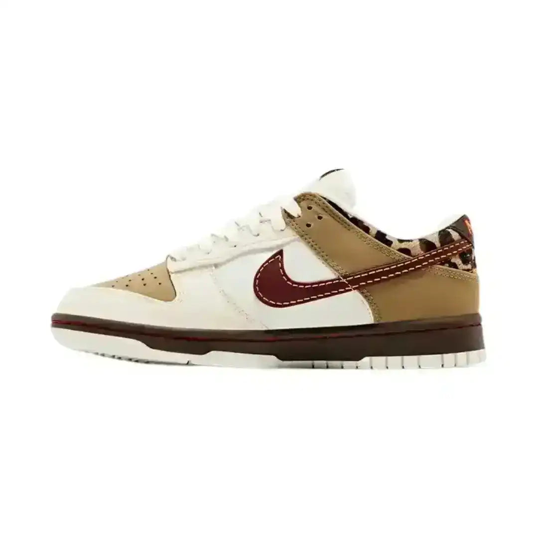 Nike Dunk Low Retro SE Cheetah edition featuring Khaki and Team Red color blocking with premium materials