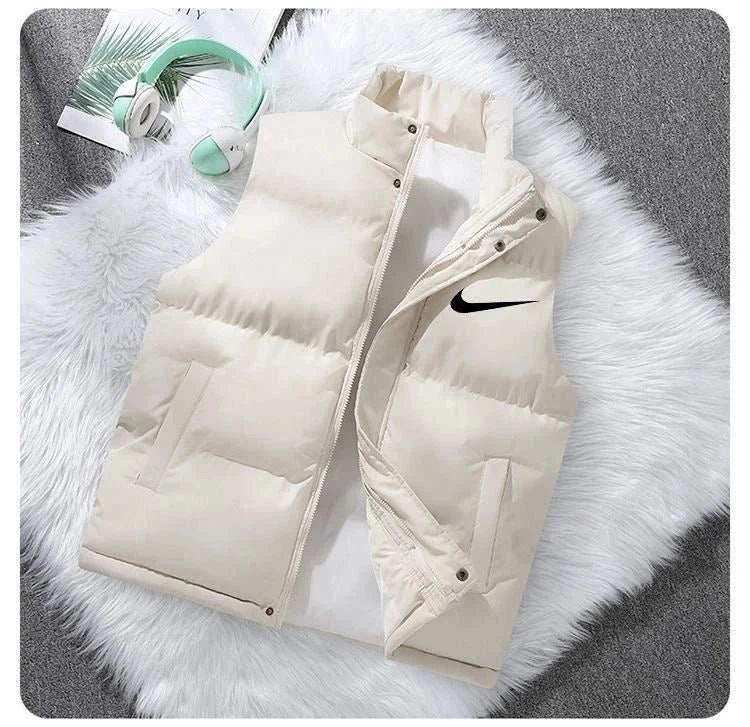 Padded sleeveless zip-front vest with a stand collar.