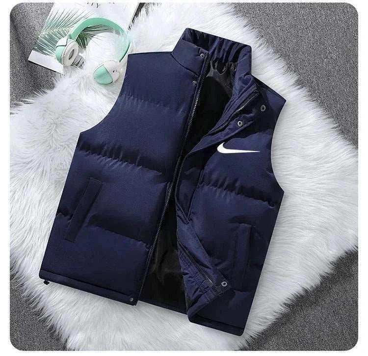Padded sleeveless zip-front vest with a stand collar.