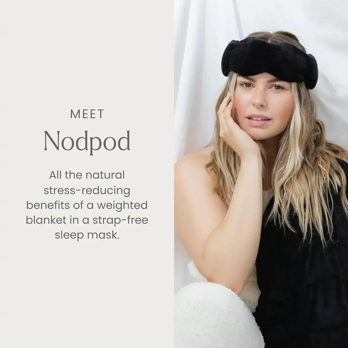 Fabric sleep mask with segmented shape, product and use graphics.