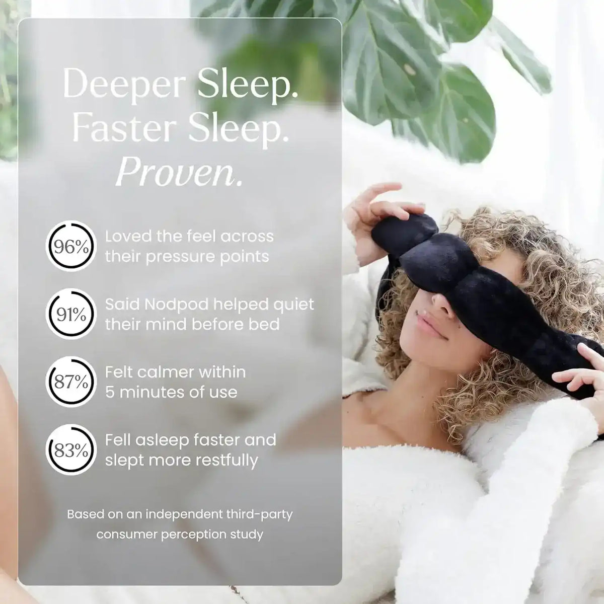 Sleep-mask promotional graphic with a resting model and text.