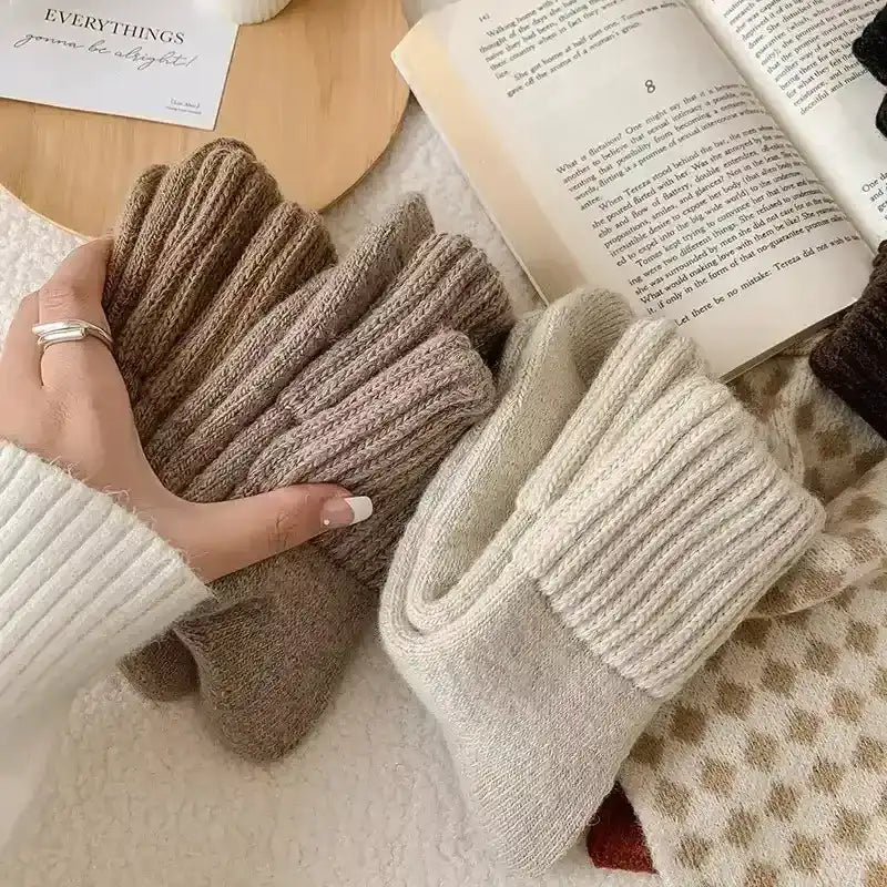Ribbed crew socks in neutral colors, product and styling views.