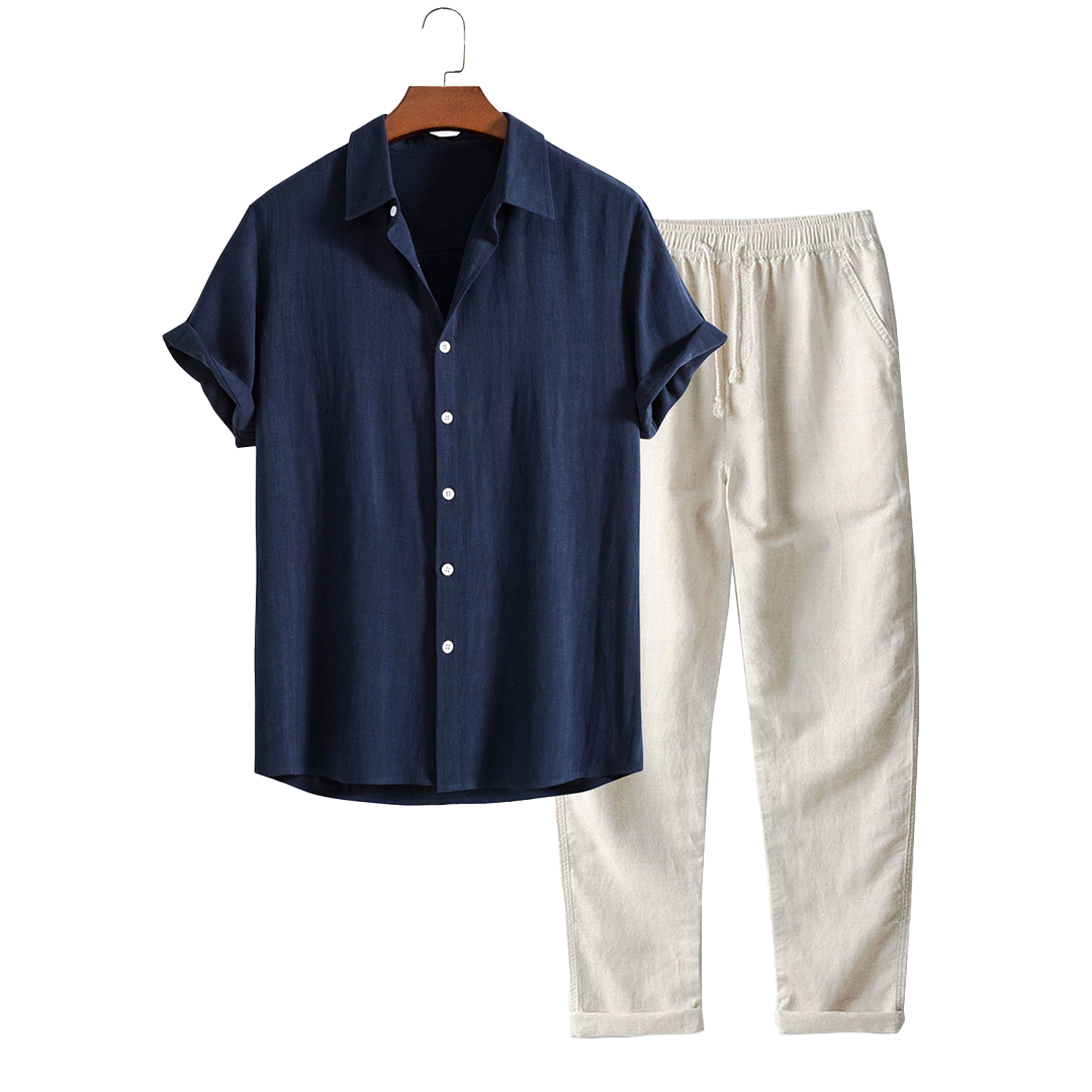 Short-sleeve button-up shirt and drawstring pants, hanging product views.