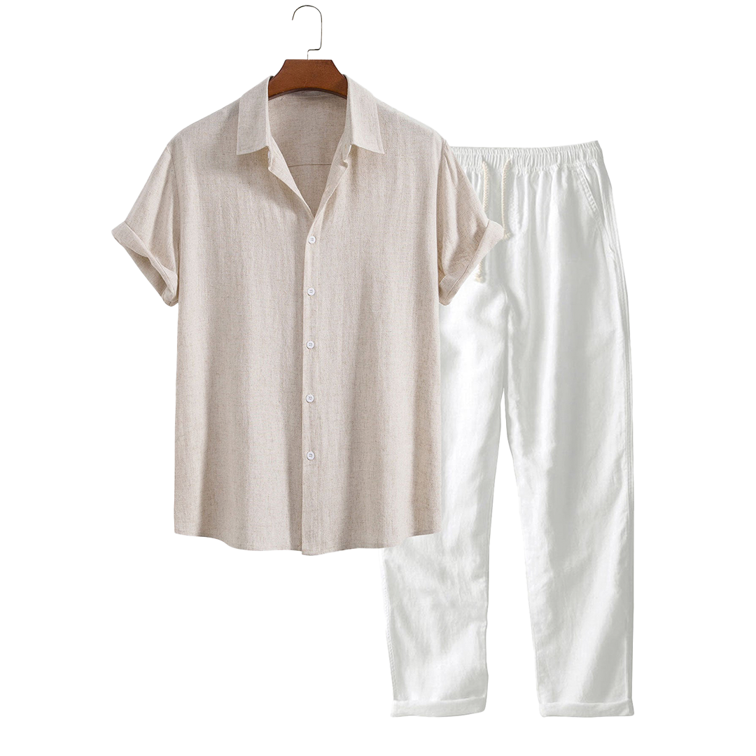 Short-sleeve button-up shirt and drawstring pants, hanging product views.