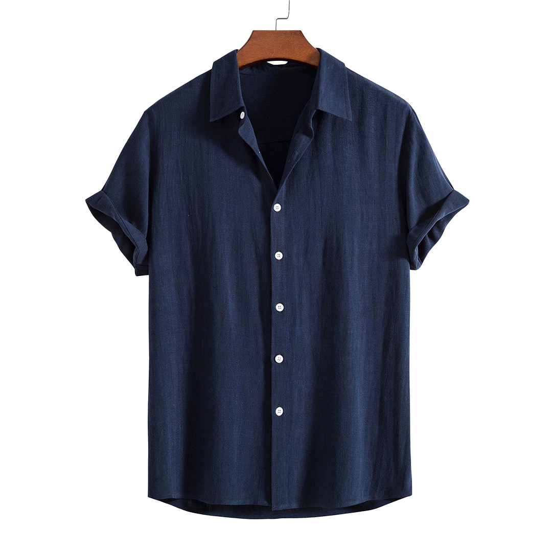 Navy short-sleeve button-up shirt, hanging product view.