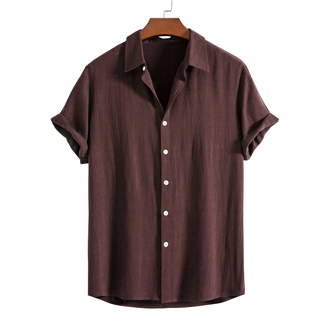 Brown short-sleeve button-up shirt, hanging product view.
