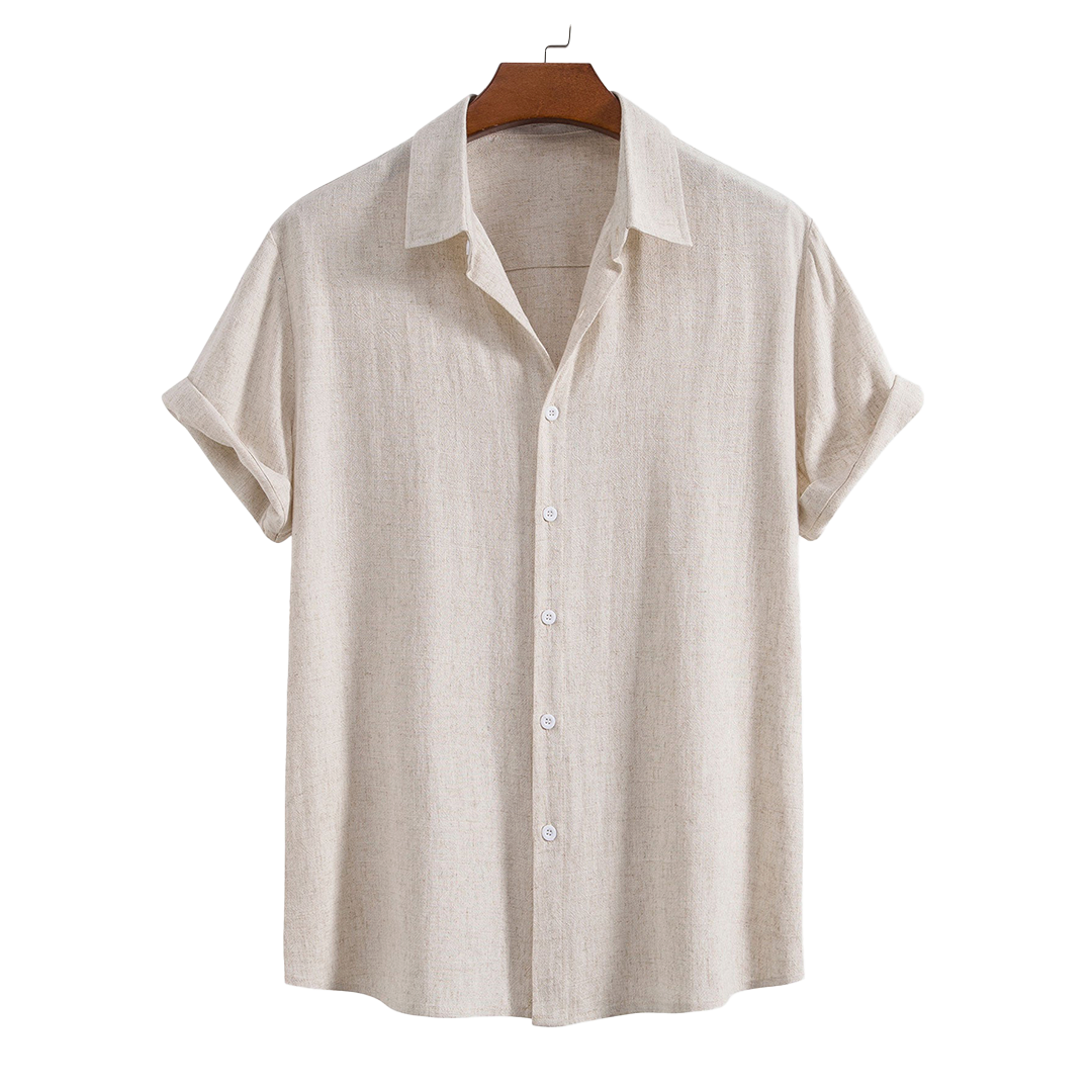 Cream short-sleeve button-up shirt, hanging product view.