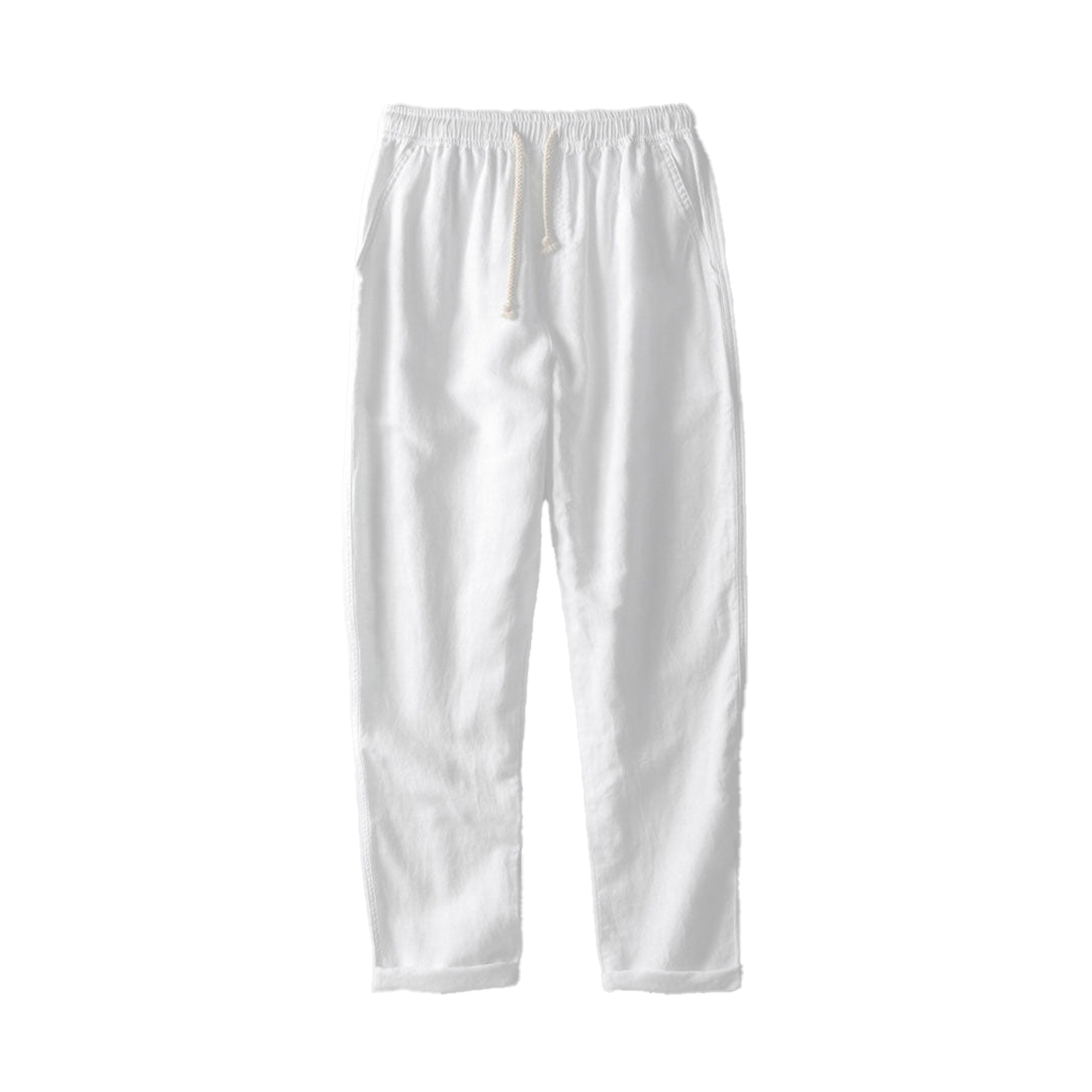 Light-colored straight-leg drawstring pants, hanging product view.