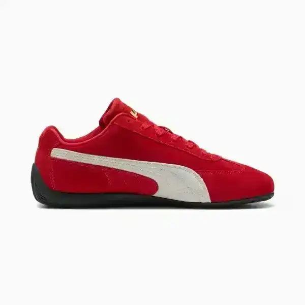 Red sneaker with a white logo on a white background