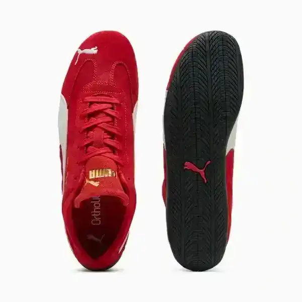Red Puma sneaker shown from front and side on a white background