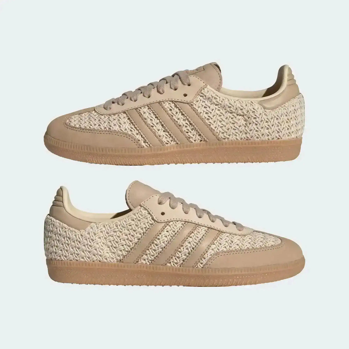 Beige woven-texture low-top sneakers with light stripes and gum soles.