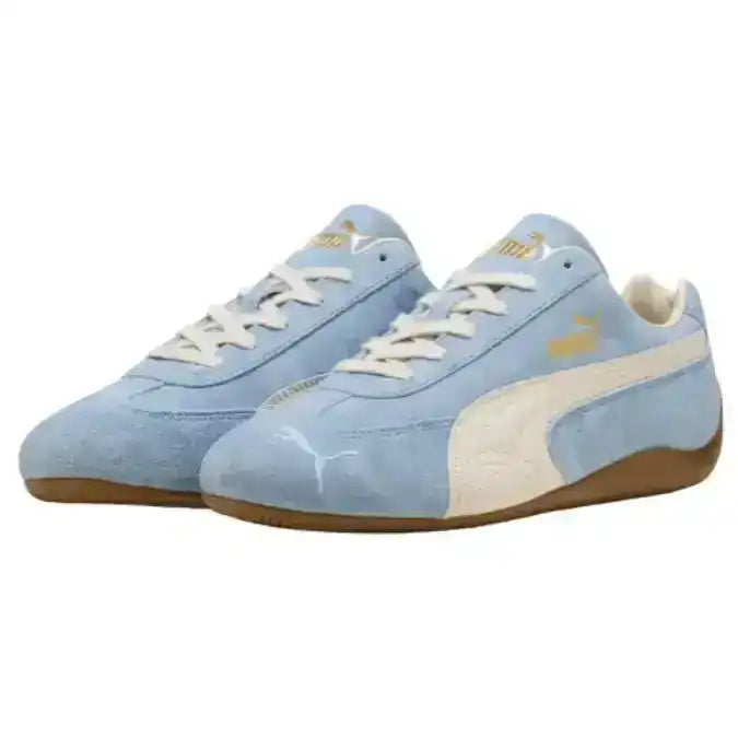 Light blue sneakers with white accents on a white background