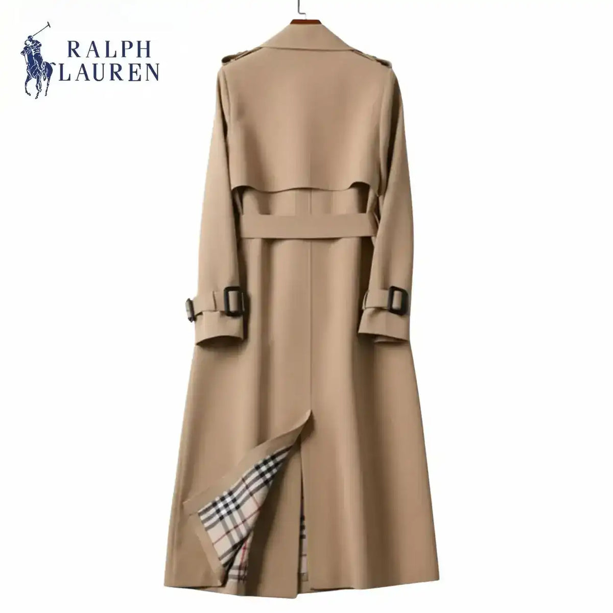 Double-breasted belted trench coat with lapels, product views.