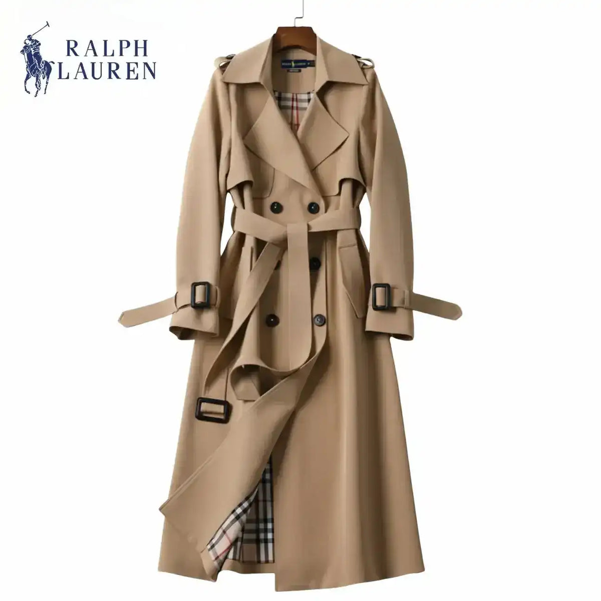 Double-breasted belted trench coat with lapels, product views.