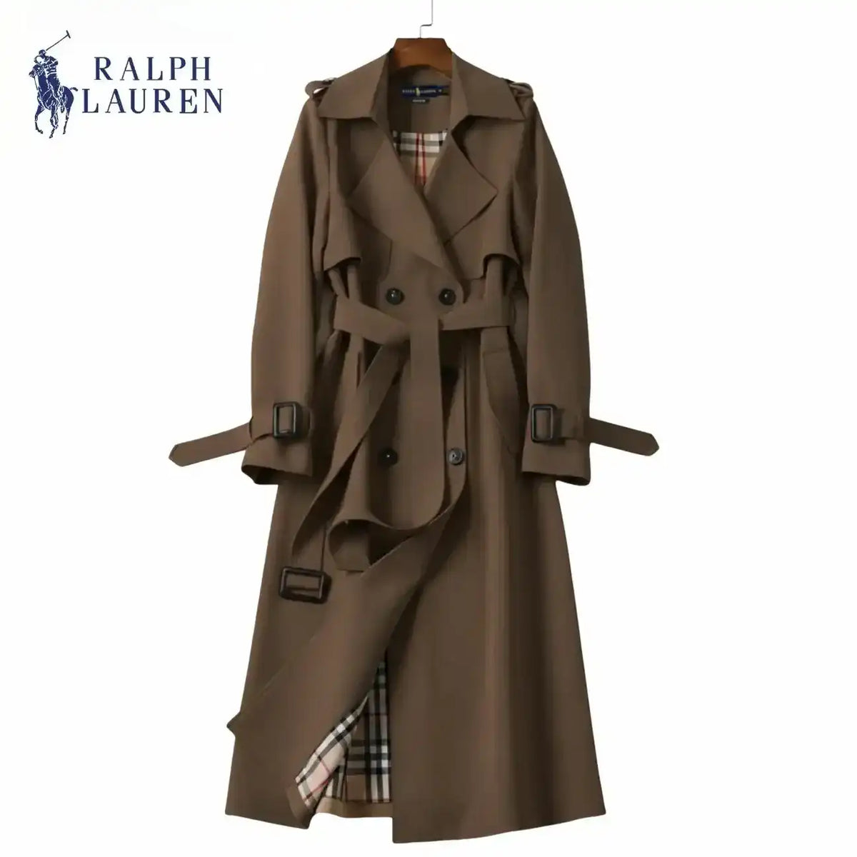 Double-breasted belted trench coat with lapels, product views.