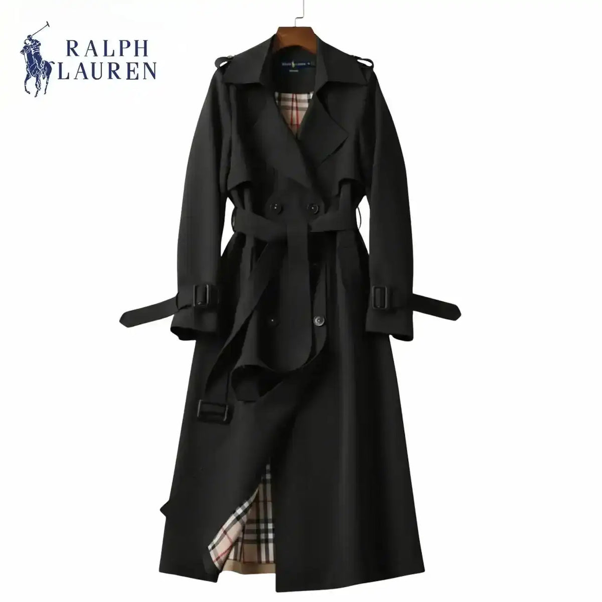 Double-breasted belted trench coat with lapels, product views.