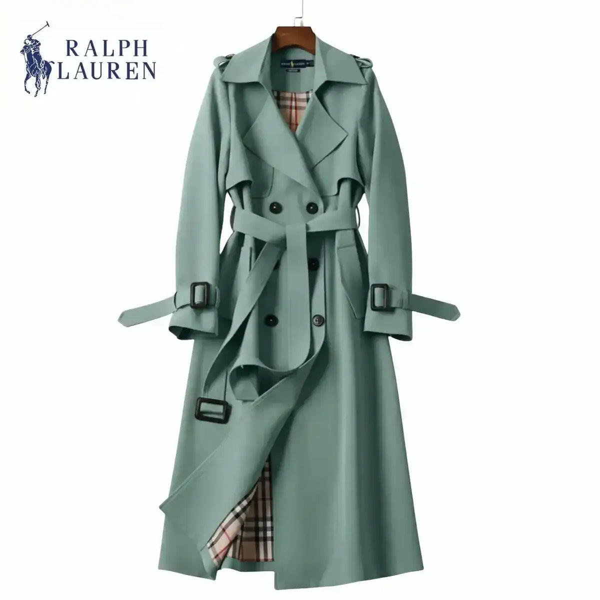 Double-breasted belted trench coat with lapels, product views.