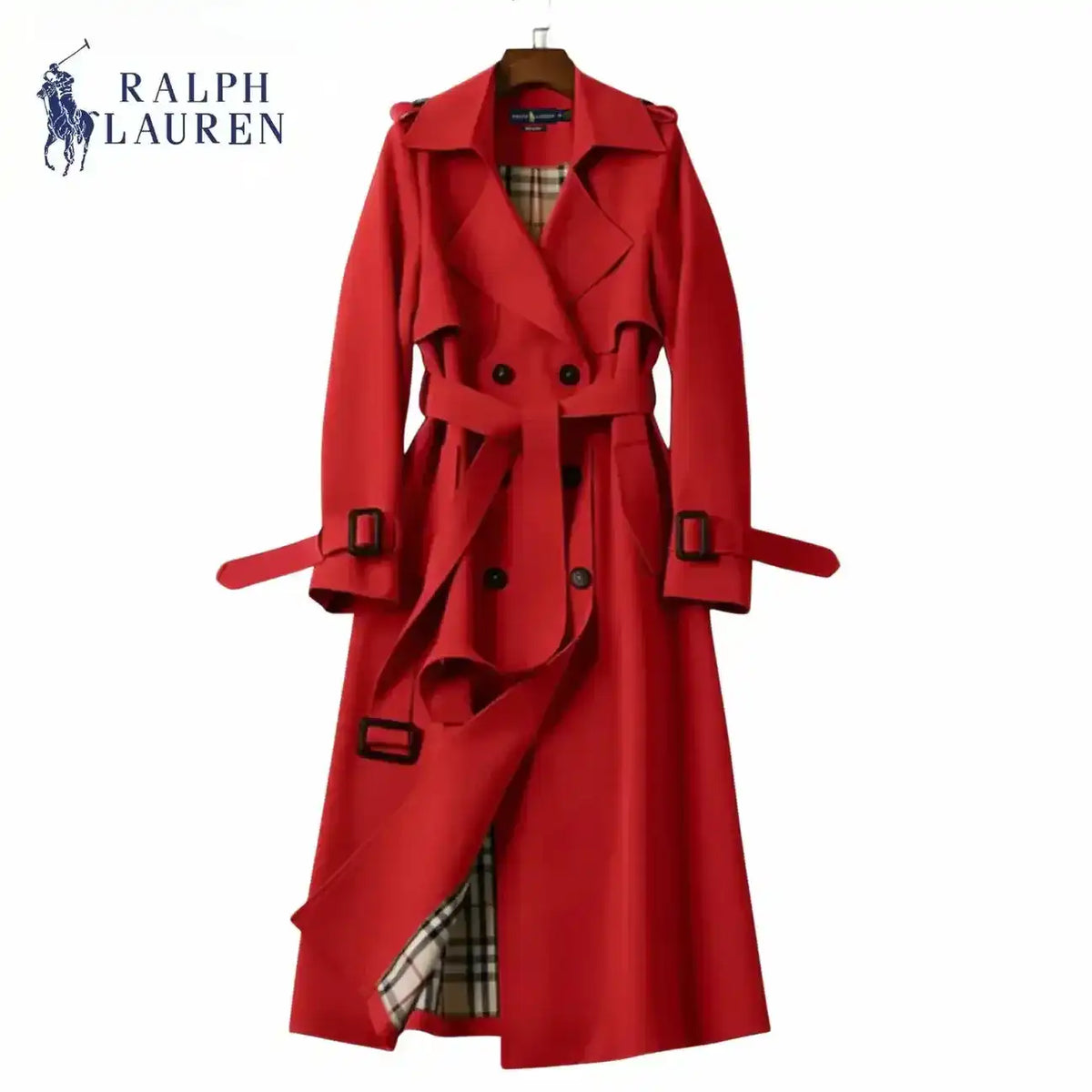 Double-breasted belted trench coat with lapels, product views.