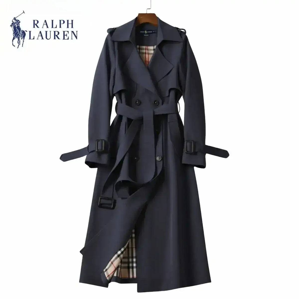 Double-breasted belted trench coat with lapels, product views.
