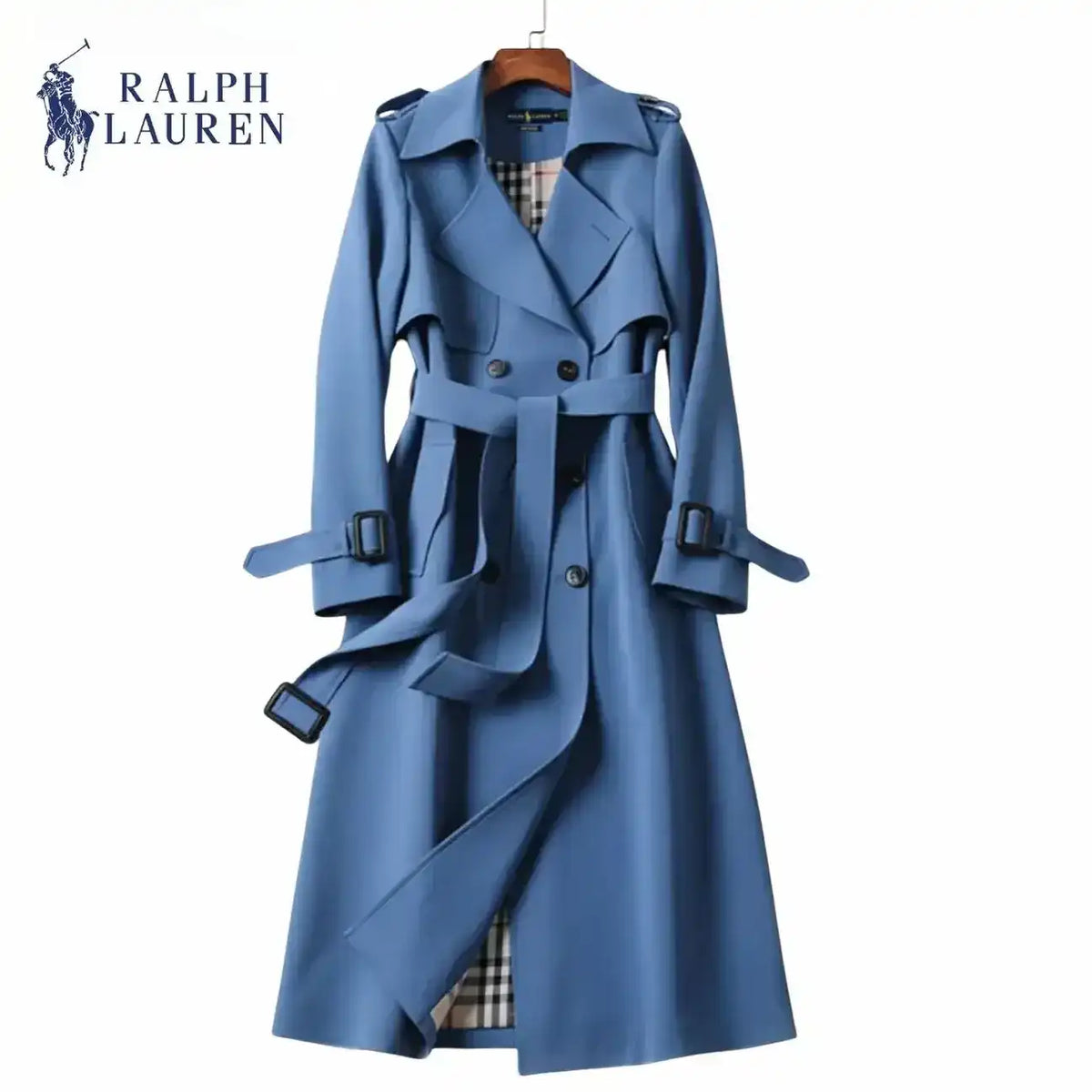 Double-breasted belted trench coat with lapels, product views.