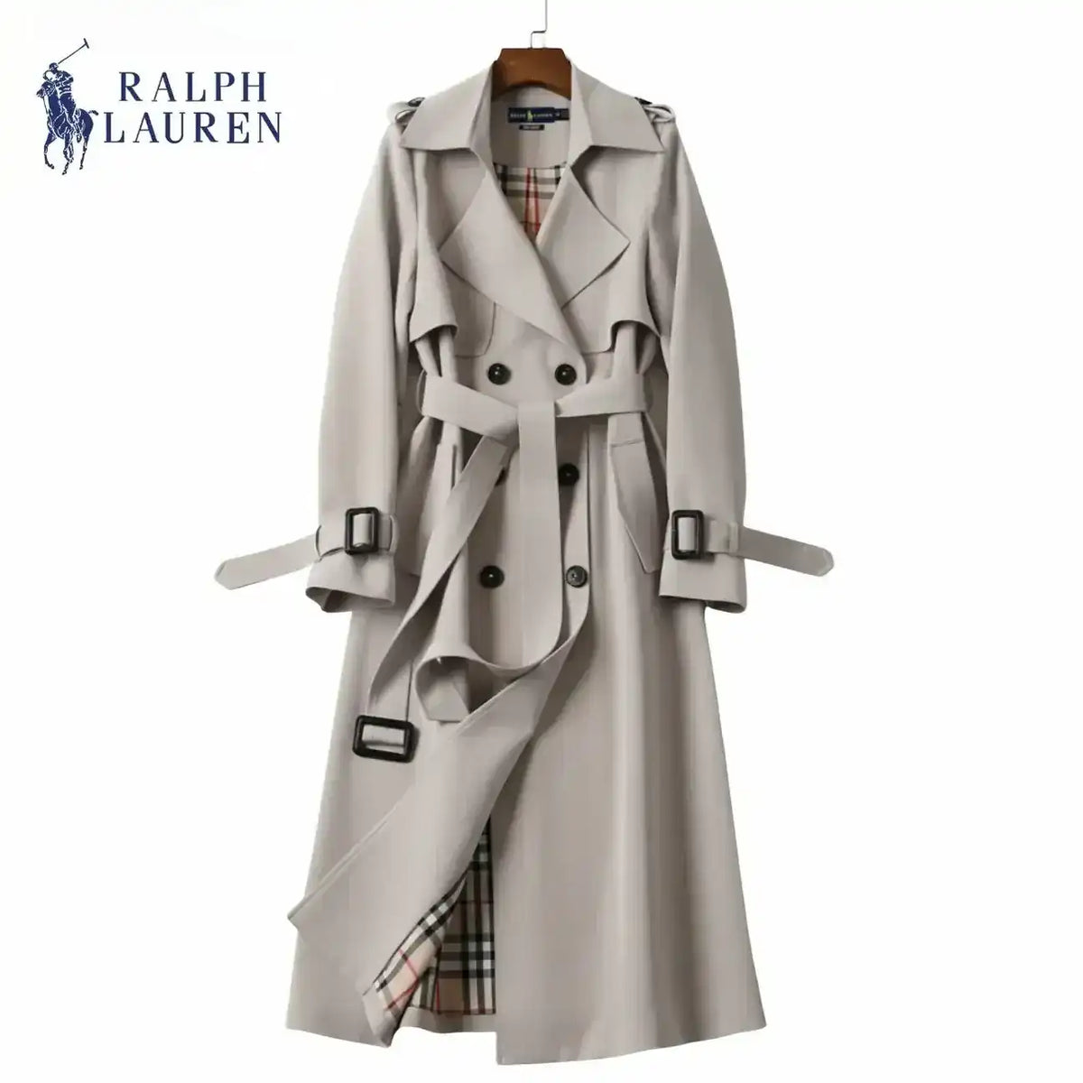 Double-breasted belted trench coat with lapels, product views.