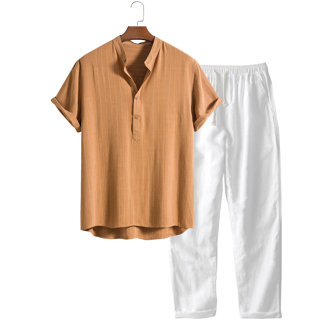 Short-sleeve shirt and drawstring pants with a vertical textured pattern.