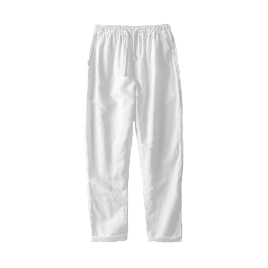 Straight-leg drawstring pants, hanging product view.
