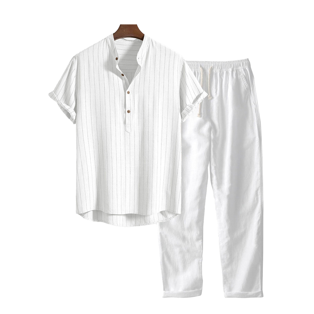 Short-sleeve shirt and drawstring pants with a vertical textured pattern.