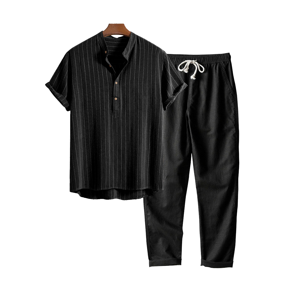 Short-sleeve shirt and drawstring pants with a vertical textured pattern.