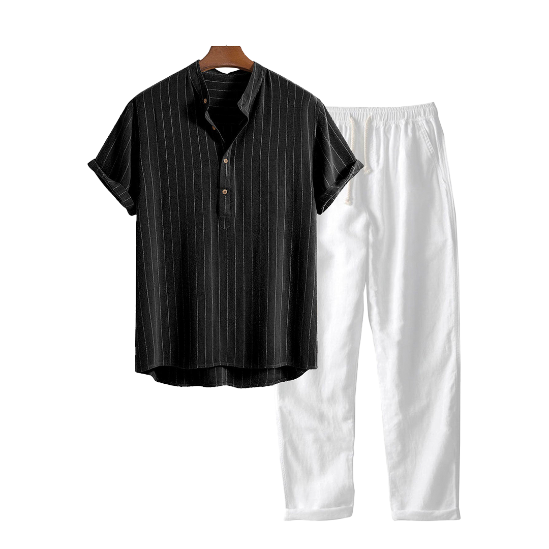 Short-sleeve shirt and drawstring pants with a vertical textured pattern.