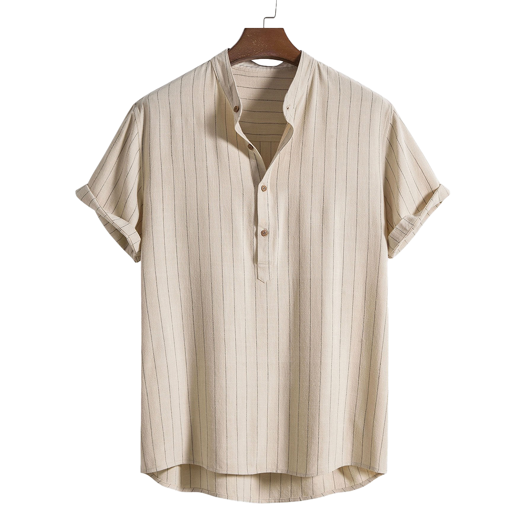 Short-sleeve button-up shirt with a vertical textured pattern.