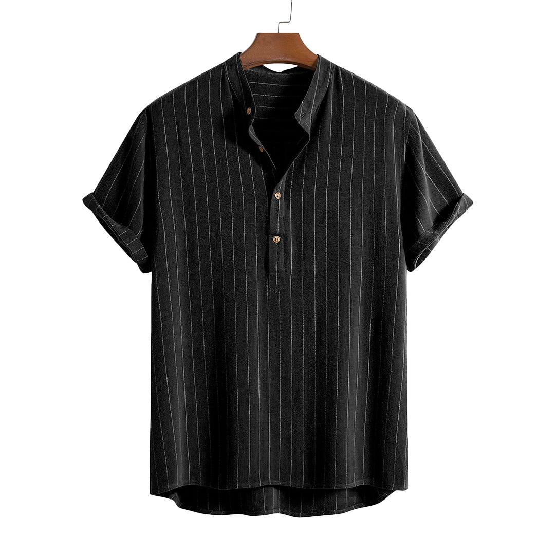 Short-sleeve button-up shirt with a vertical textured pattern.