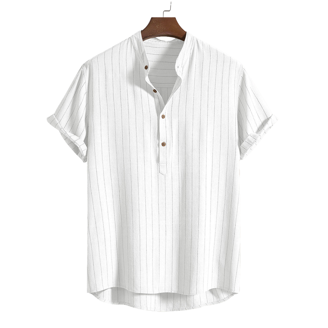 Short-sleeve button-up shirt with a vertical textured pattern.