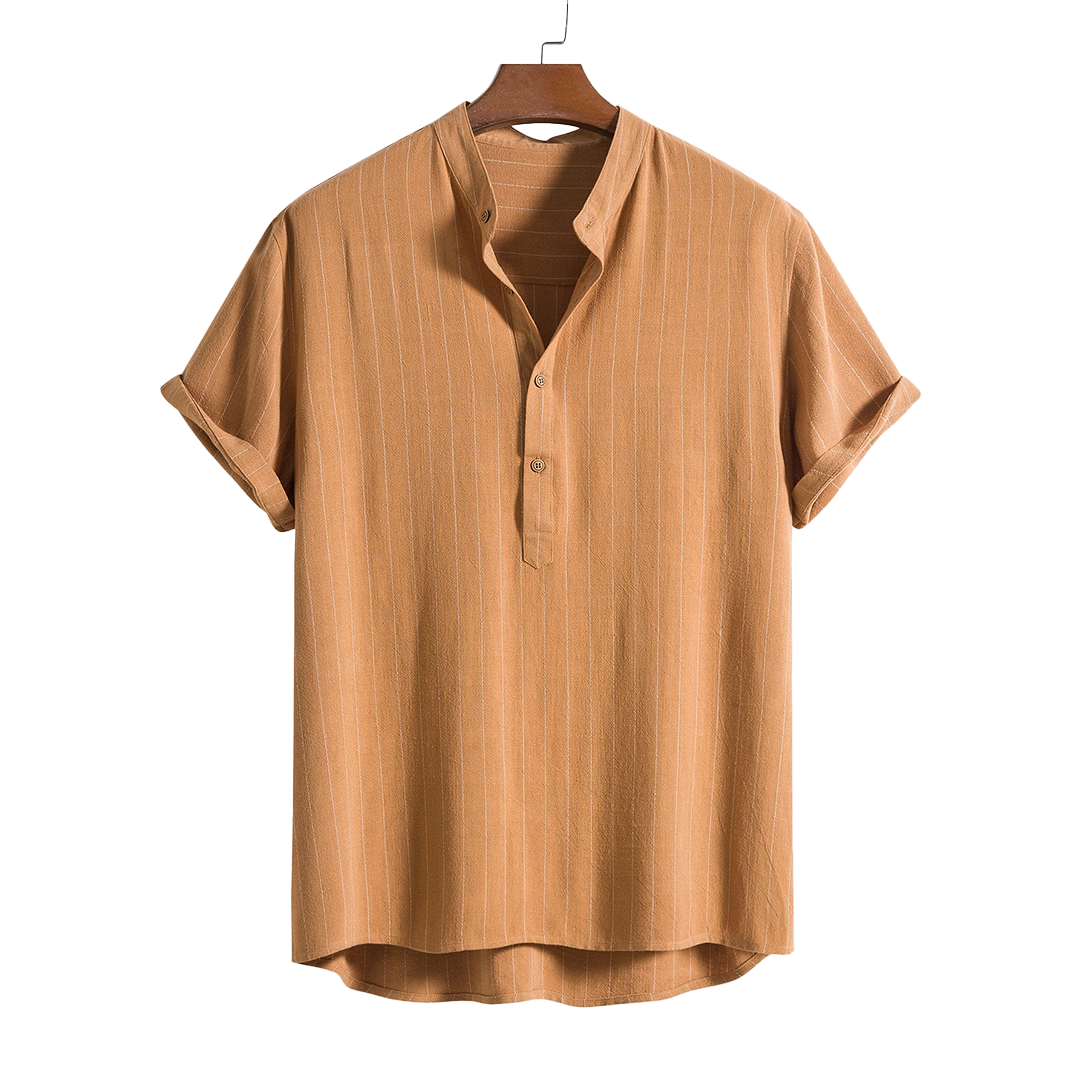 Short-sleeve button-up shirt with a vertical textured pattern.