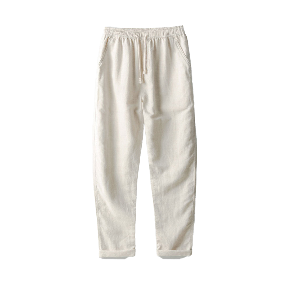 Straight-leg drawstring pants, hanging product view.