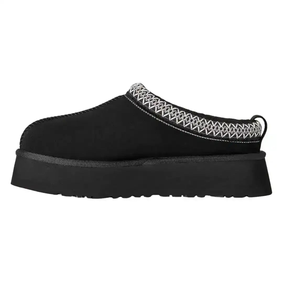Women's UGG Tazz black suede slippers with chunky sole, trending footwear for casual street style and cozy home lounging comfortably.