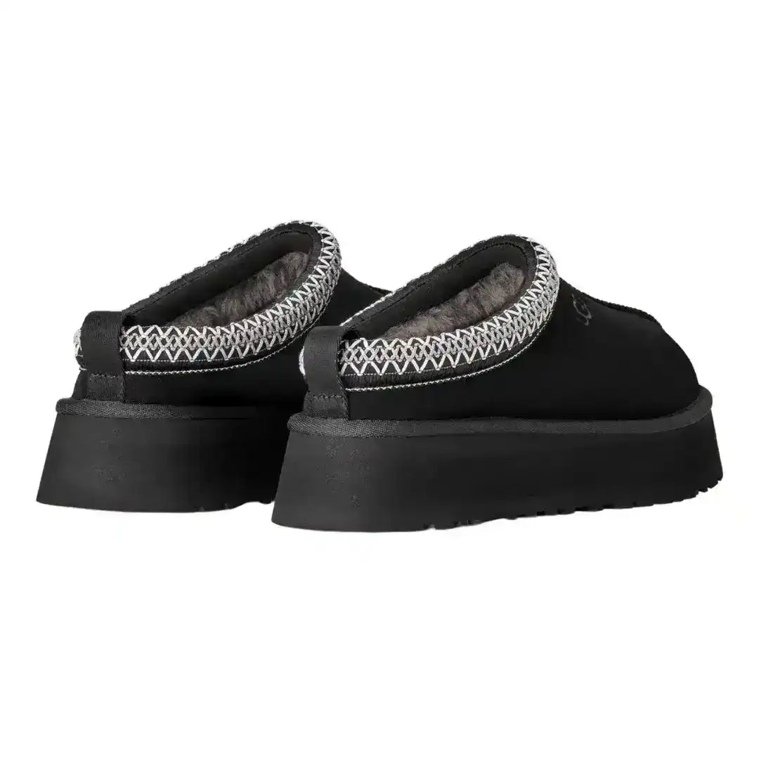 Sleek black UGG Tazz mule slippers with platform bottom, ideal for elevating simple leggings and hoodie outfits instantly right now.