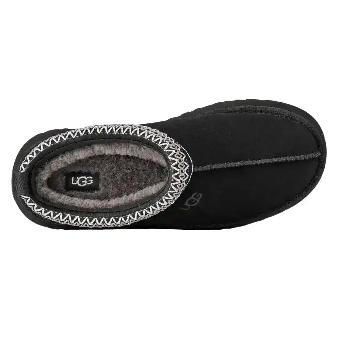 UGG Tazz black suede clogs with embroidered braid collar, a must-have for those who love versatile and comfortable dark footwear.