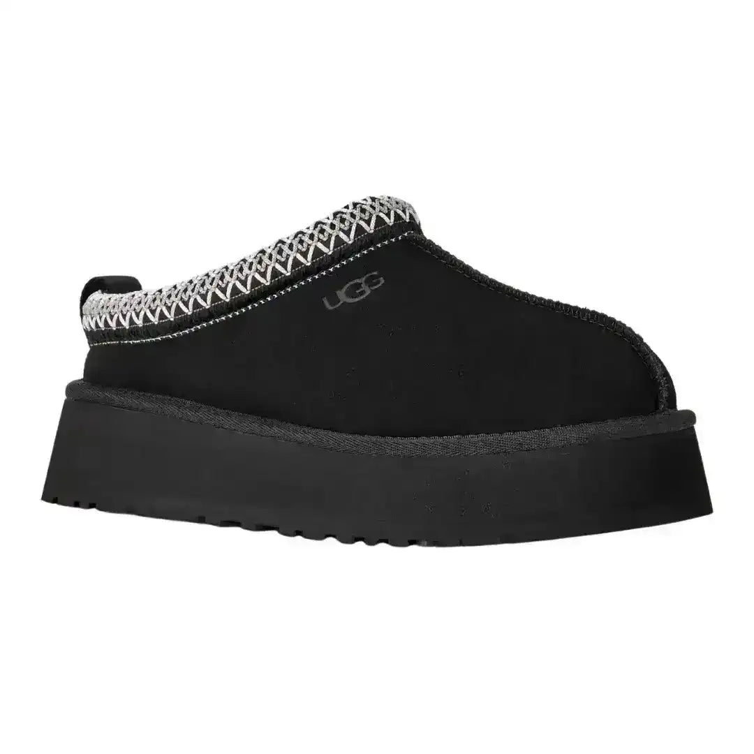 Stylish all-black UGG Tazz slippers featuring a thick platform sole, perfect for adding height and style to your daily casual look.
