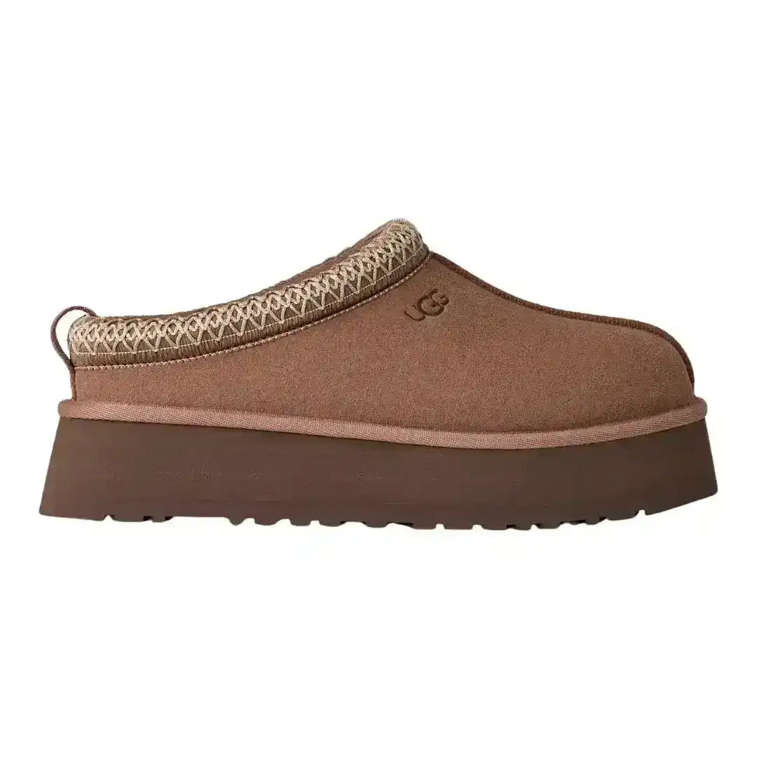 Classic Chestnut brown UGG Tazz slippers with platform sole, essential fall footwear for matching with denim and oversized sweaters.
