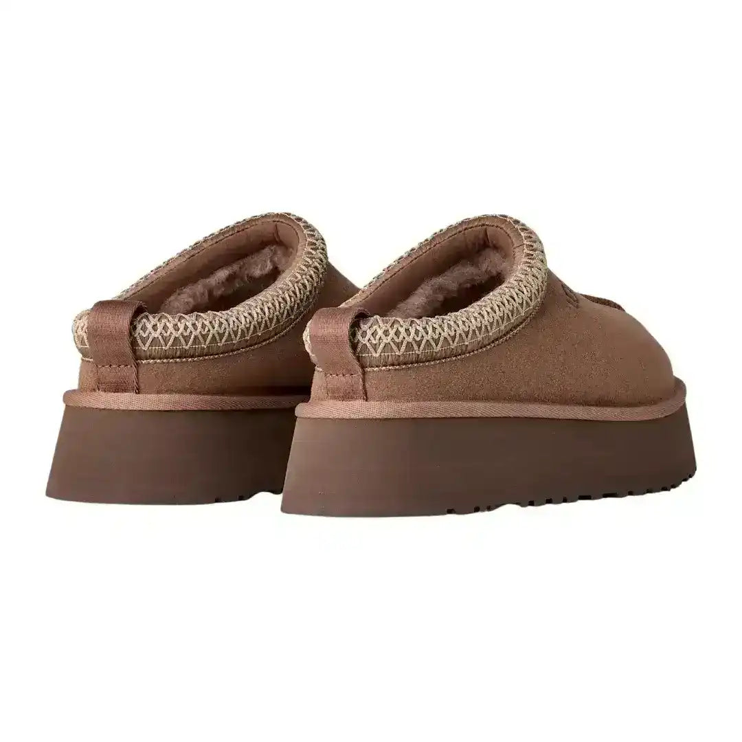 UGG Tazz Chestnut suede platform shoes, the perfect match for blue jeans and trench coats to create a timeless fall fashion look.