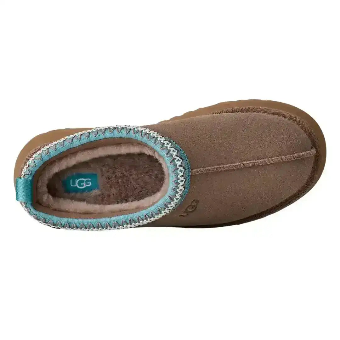 Trending brown UGG Tazz mules with platform height, a favorite among celebrities for easy slip-on style and superior warmth now.