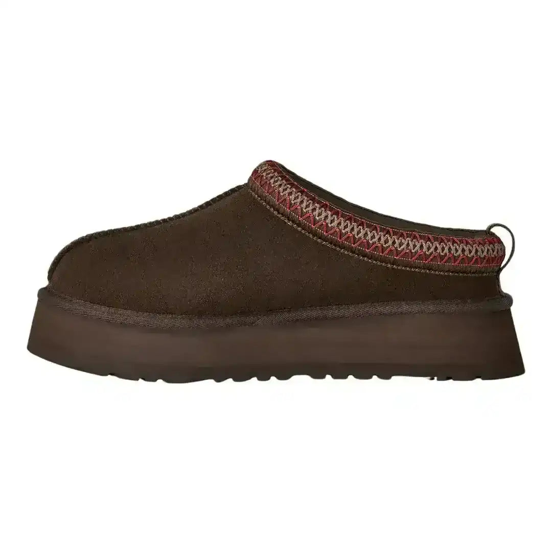 Dark brown UGG Tazz platform slippers with Tasman braid, perfect for cozy winter outfits and keeping feet warm and stylish everyday.