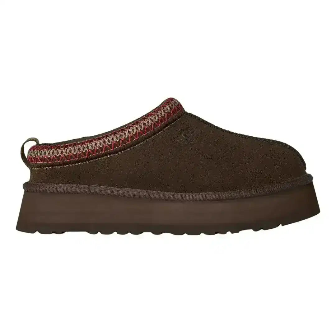 Women's UGG Tazz chocolate suede slippers with chunky sole, trending footwear for casual street style and cozy home lounging style.